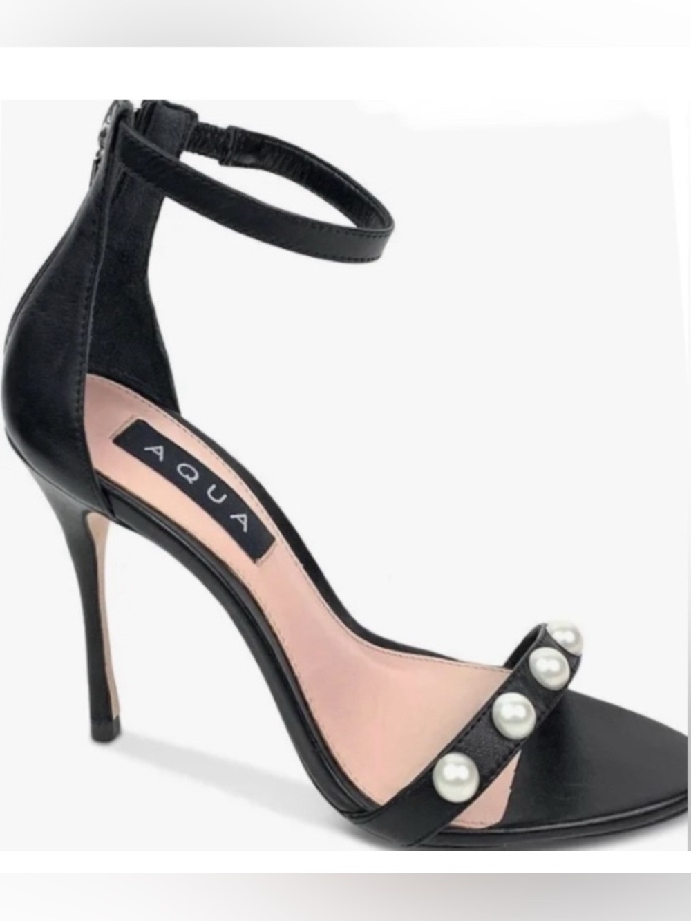 AQUA Black Leather Stiletto Heels w/ Pearl Accents/Sandal Toe//Zip Back/ Size 7